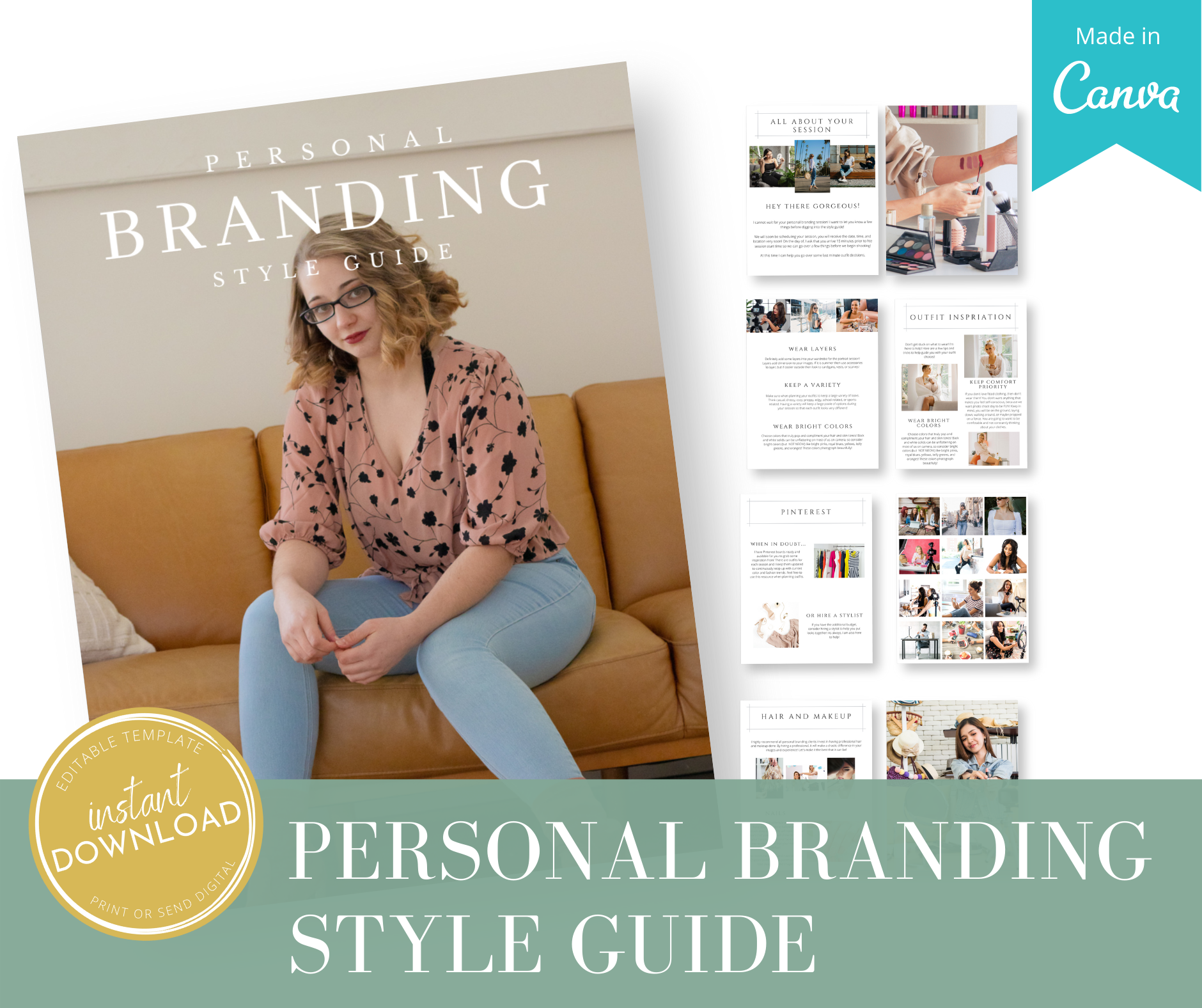 Mockup of branding style guide by Mint Magnolia Photography. Image of a lady sitting on a leather couch.