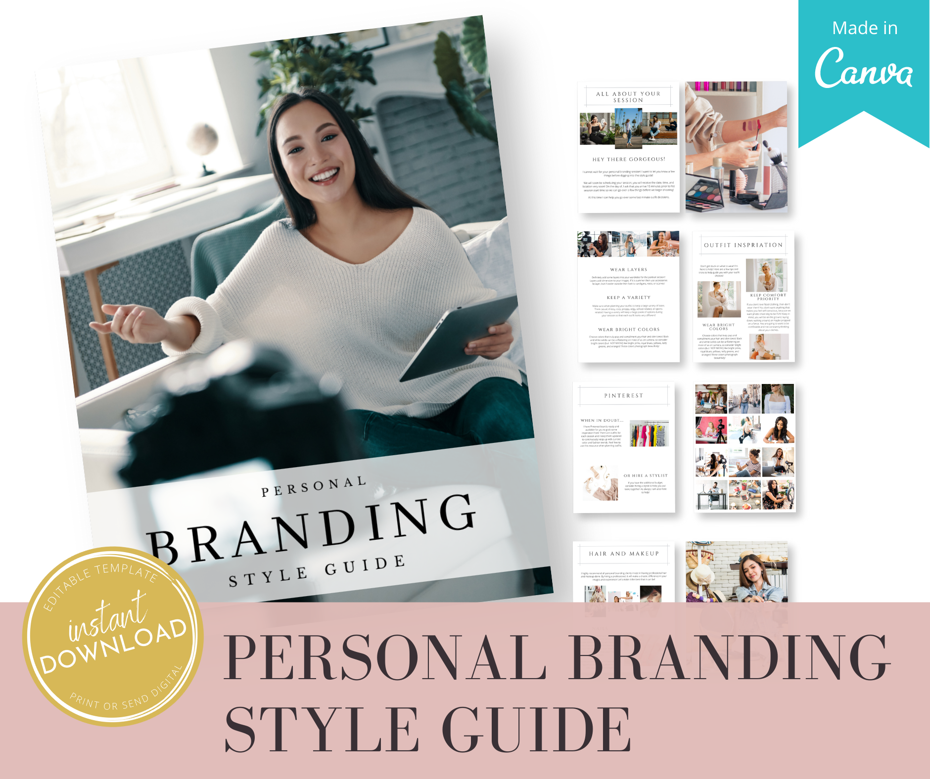 Mockup of branding style guide by Mint Magnolia Photography. Image of a lady holding an iPad and talking to a camera.