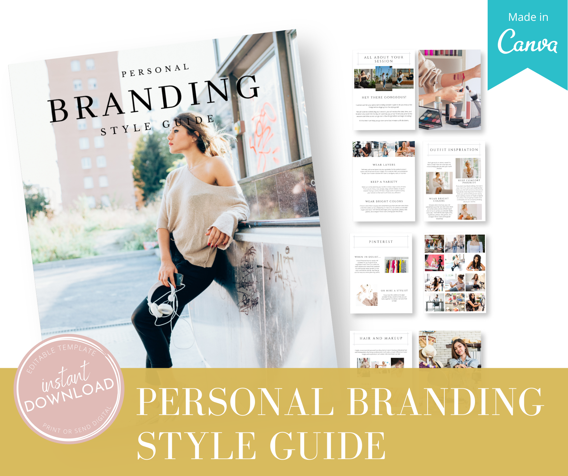 Mockup of branding style guide by Mint Magnolia Photography. Image of a lady holding her phone and headphones, leaning against a wall.